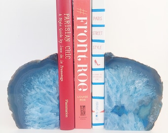 Rose Gold Gilded Agate Bookends in Blue. Boho Chic Homeware. Rose Gold Leaf Edging