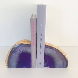 Purple and Gold Agate Bookends with Gold Leaf Edging. Boho Chic Homeware image 1