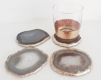 Agate Coaster in Natural Light Grey with Rose Gold / Copper Edge. Drink Coasters. Agate Slice. Agate Home Decor. Crystal Coasters. Boho.