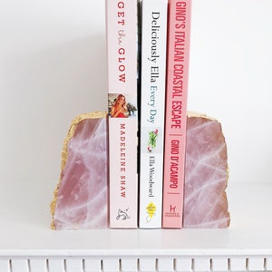 Rose Quartz Bookends with Gold Edge. Geode Bookends. Pink. Crystal Bookends. Bookshelf. Hygge Decor. Mindfulness Gift. Boho Homeware.