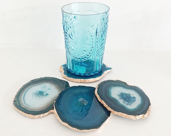 Agate Coaster in Teal with Copper / Rose Gold Edge. Drink Coasters. Geode Coasters. Table Decor. Boho Decor. Home Decor. Housewarming Gift.