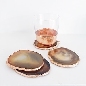 Natural Agate Coaster with Copper / Rose Gold Edge. Agate Slice. Coaster Set. Geode Coasters. Drink Coasters. Boho Decor. Coffee Table Decor