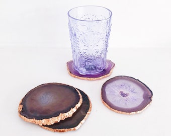Agate Coaster in Mauve with Copper / Rose Gold Edge. Crystal Coasters. Geode Coasters. Drink Coasters. Boho Decor. Boho Chic. Table Decor.