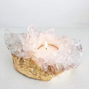 Quartz Cluster Crystal Candle Holder, Gold. T light holder. Geode Candle Holder. Boho Decor. Table Decor. Mindfulness Gift. Meditation.