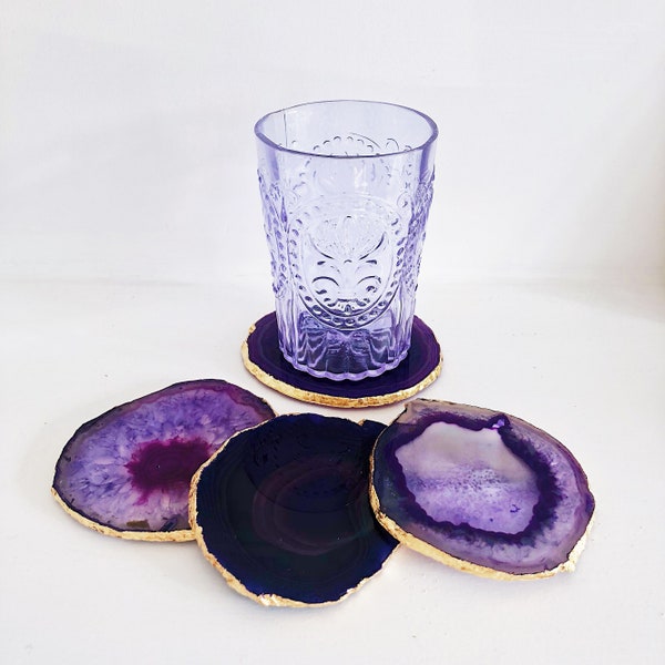 Agate Coaster in Purple with Gold Edge. Drink Coasters. Crystal Coasters. Boho Decor. Coffee Table Decor. Coaster Set. Agate Home Decor.