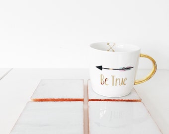 White and Copper Marble Drinks Coaster Gilded with Copper / Rose Gold Leaf. Luxury Boho Homeware.