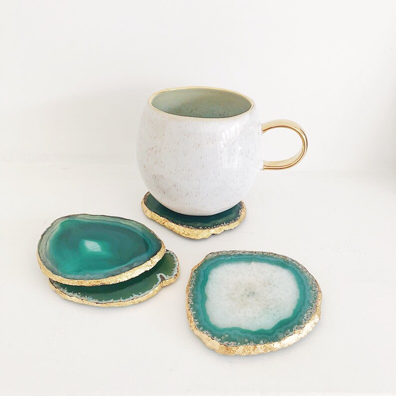 Agate Coaster in Green With Gold Edge. Geode Coasters. Crystal Etsy UK