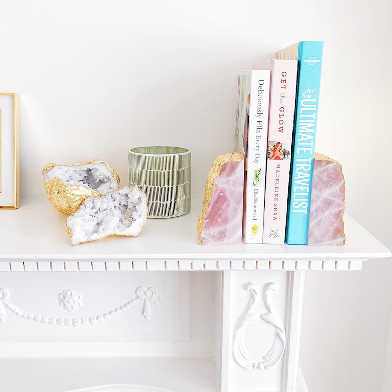 Rose Quartz Bookends with Gold Edge. Geode Bookends. Pink. Etsy
