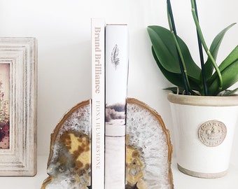 Natural Agate Bookends. Luxury Boho Homeware. Orange, Grey, Taupe, White and Beige Home Decor.