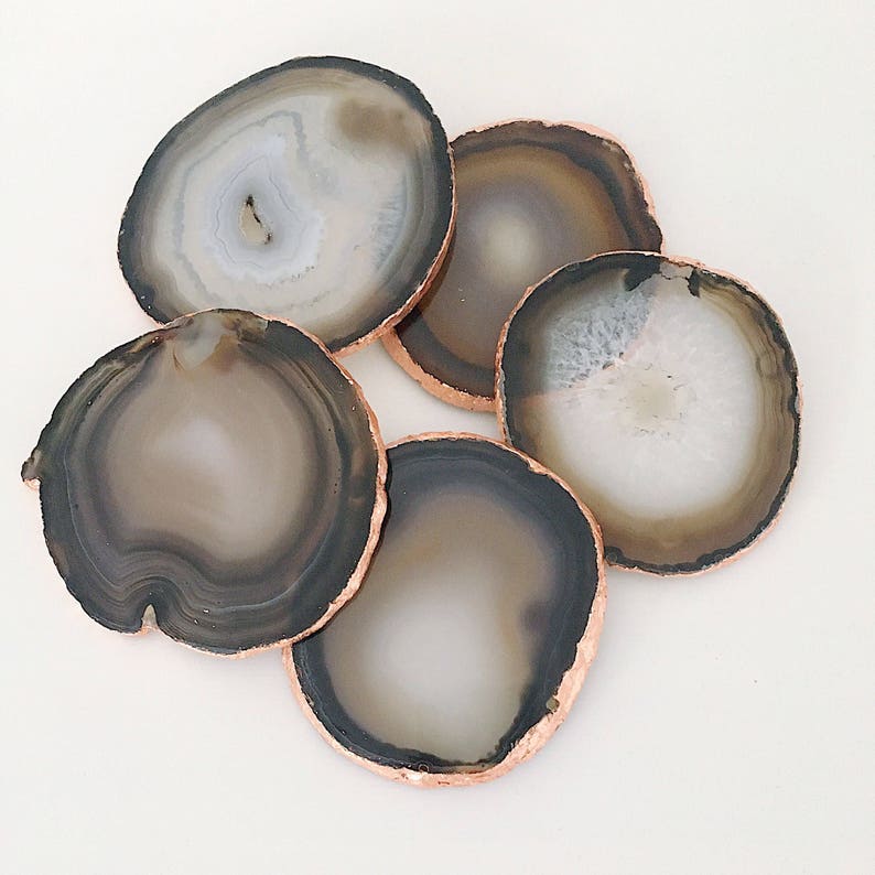 Rose Gold Gilded Agate Drinks Coaster in Natural / Dark Grey with Rose Gold Leaf Edging. Luxury Boho Homeware image 1