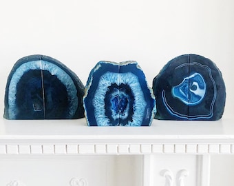 Gilded Agate Book Ends in Blue with Gold Leaf Edging. Luxury Boho Homeware