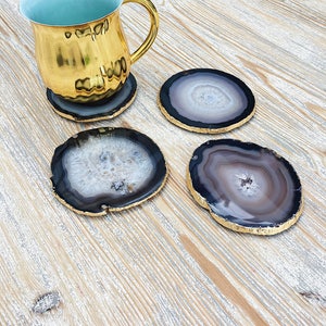 Gold Leaf Gilded Agate Drinks Coaster in Natural / Dark Grey. Luxury Boho Homeware. Gold Leaf Edging image 2