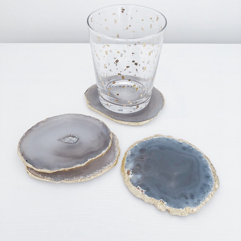 Agate Coaster in Light Grey/ Natural With Gold Edge. Geode Etsy