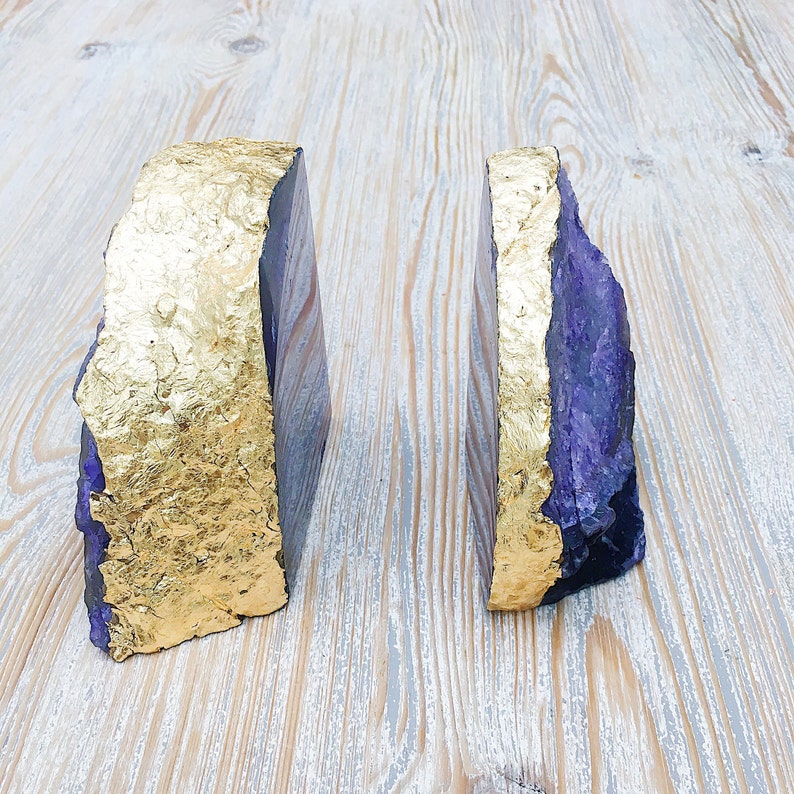 Purple and Gold Agate Bookends with Gold Leaf Edging. Boho Chic Homeware image 7