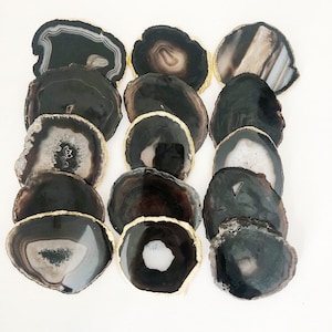 Natural Agate Coaster with Gold Leaf Edge in Black / Brown. Handmade Neutral Homeware. image 7