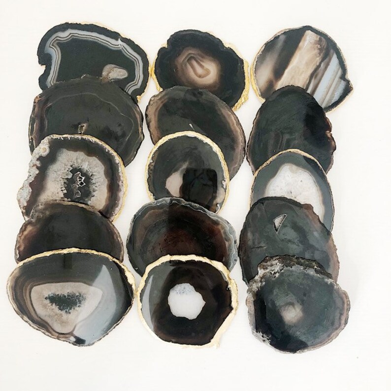 Natural Agate Coaster with Gold Leaf Edge in Black / Brown. Handmade Neutral Homeware. image 7