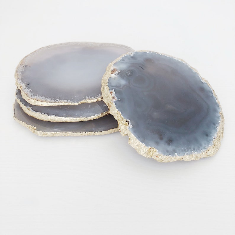 Agate Coaster in Light Grey/ Natural with Gold Edge. Geode Coasters. Coaster Set. Drink Coasters. Crystal Coasters. Boho Decor. Table Decor. image 4