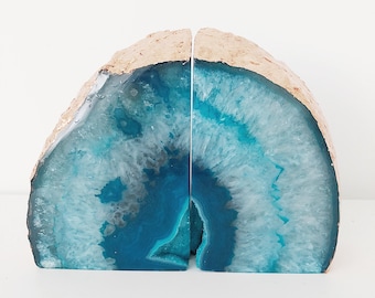 Teal Agate Bookends Pair with Rose Gold Leaf Edge. Handmade Crystal Geode Shelf Decoration.