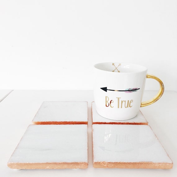 White and Copper Marble Drinks Coaster Gilded with Copper / Rose Gold Leaf. Luxury Boho Homeware.