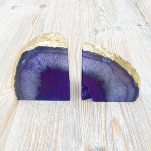 Purple and Gold Agate Bookends with Gold Leaf Edging. Boho Chic Homeware image 5
