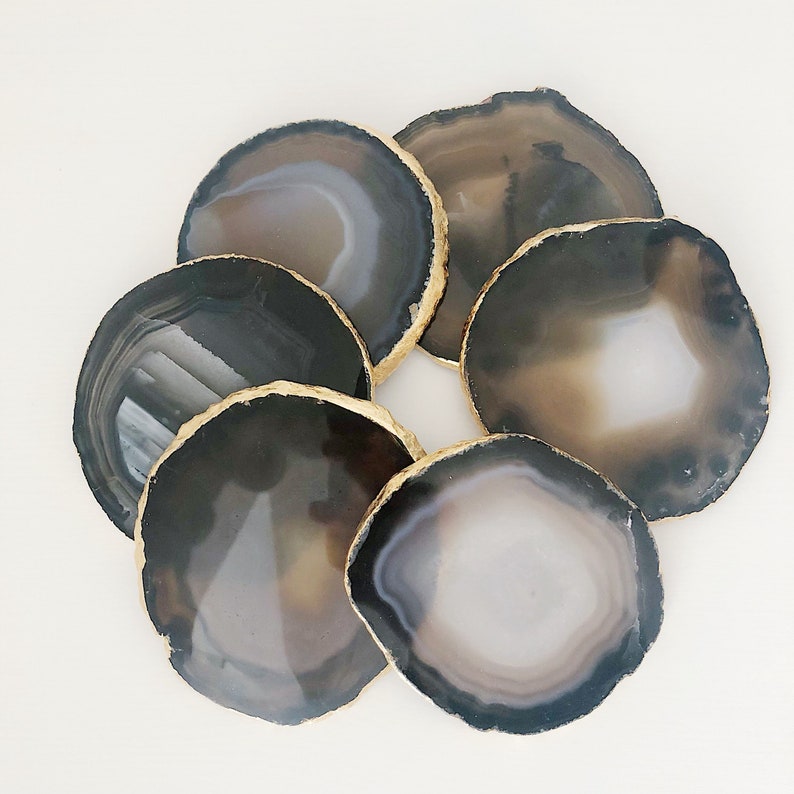 Agate Coaster in Dark Grey / Natural With Gold Edge. Agate Etsy UK