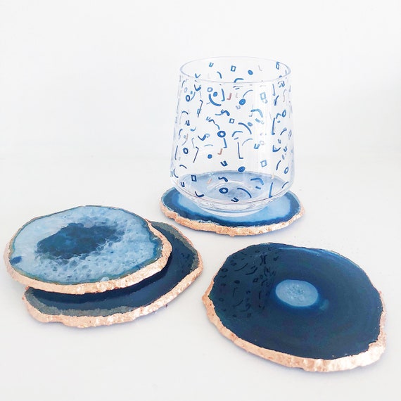 Blue Agate Coaster with Rose Gold Leaf Edge. Handmade Sliced Geode Coaster Set.