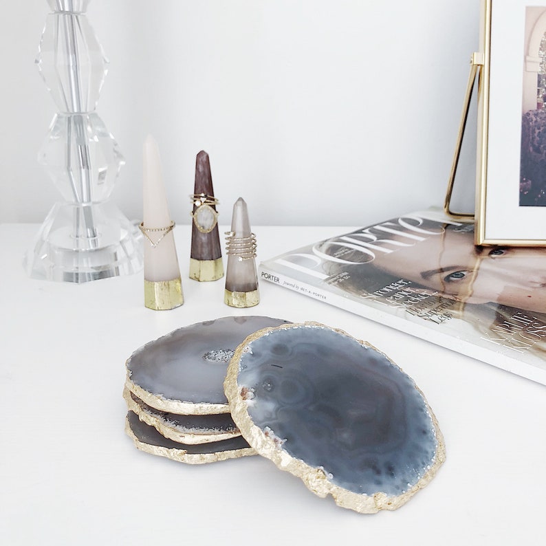 Agate Coaster in Light Grey/ Natural with Gold Edge. Geode Coasters. Coaster Set. Drink Coasters. Crystal Coasters. Boho Decor. Table Decor. image 6