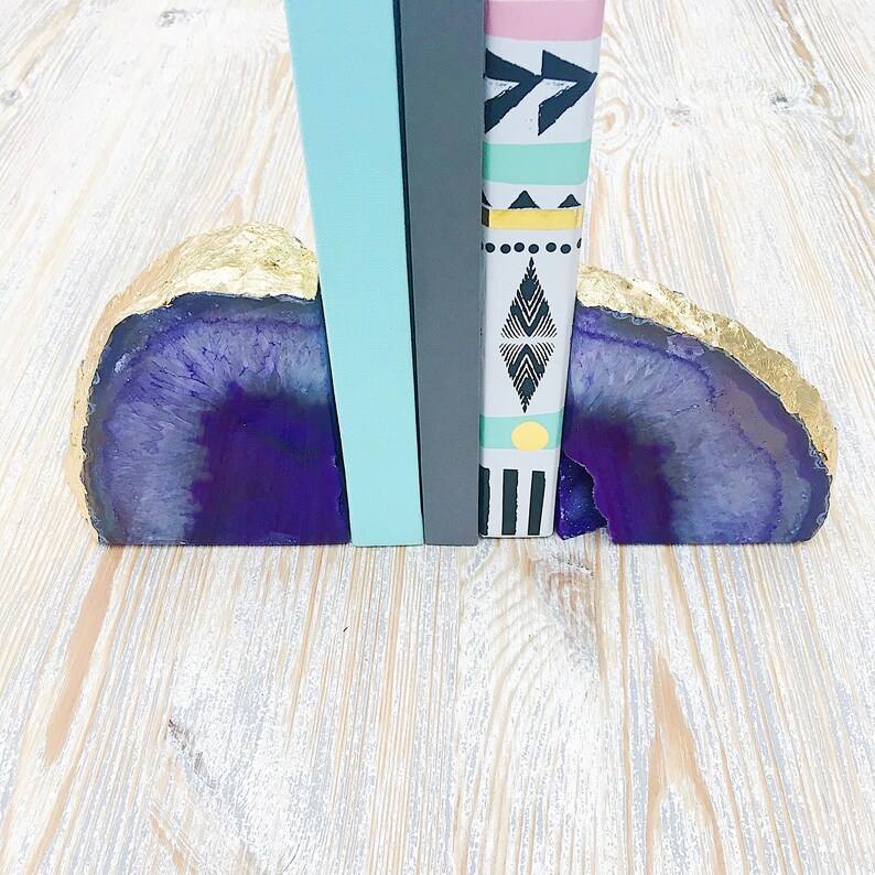 Purple and Gold Agate Bookends with Gold Leaf Edging. Boho Chic Homeware image 4