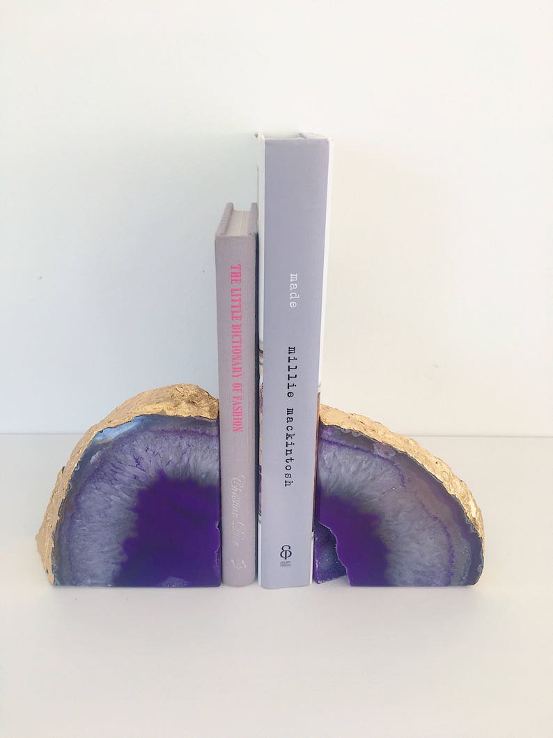 Purple and Gold Agate Bookends with Gold Leaf Edging. Boho Chic Homeware image 1