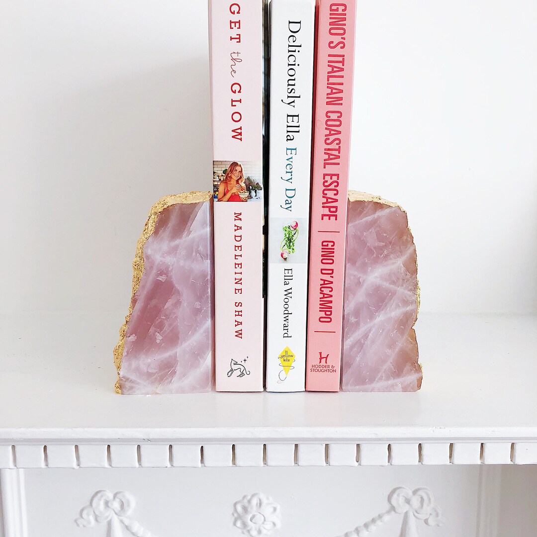 Rose Quartz Bookends With Gold Edge. Geode Bookends. Pink. Crystal