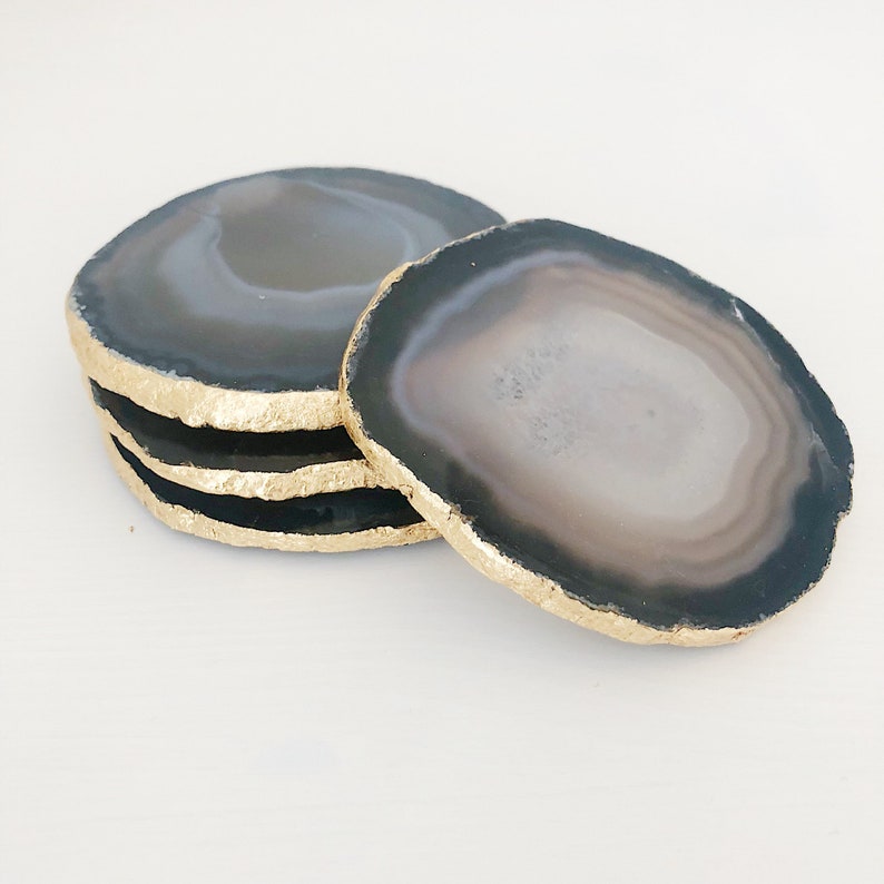 Agate Coaster in Dark Grey / Natural With Gold Edge. Agate Etsy UK