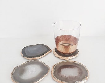 Natural Agate Coaster with Rose Gold Leaf Edge. Handmade Rounded Crystal Geode Coaster Set.