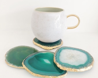 Green Agate Coaster with Gold Leaf Edge. Handmade Rounded Crystal Geode Coaster Set.