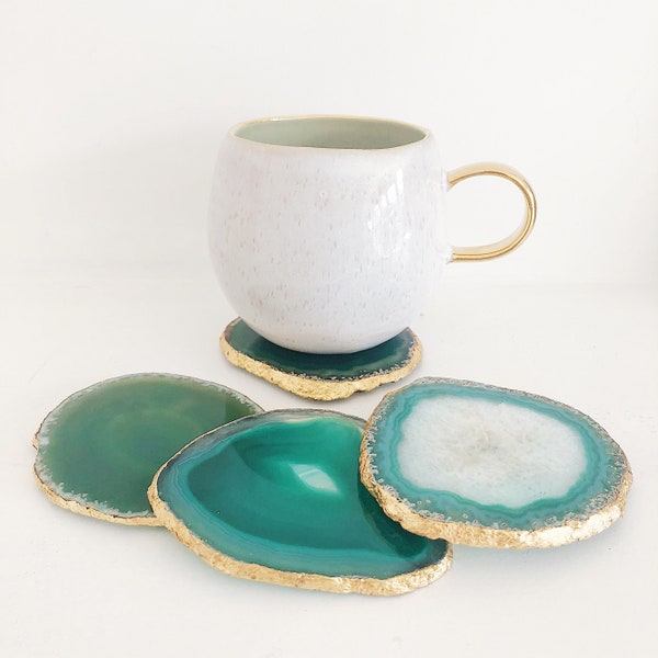 Green Agate Coaster with Gold Leaf Edge. Handmade Rounded Crystal Geode Coaster Set.