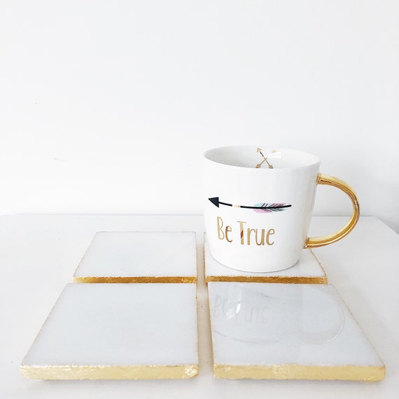 White and Gold Marble Drinks Coaster Gilded with Gold Leaf. Luxury Boho Homeware.
