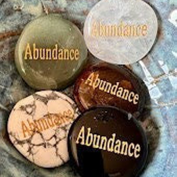 Abundance Etched Word Stone, Pocket Stone, Red Jasper, Tiger Eye, Snowflake Obsidian, Howlite, Rose Quartz, Aventurine, Black Obsidian