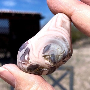 May include: A smooth, white agate stone with brown and gray swirling patterns. The stone is held in a hand.
