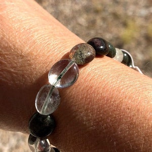 Phantom Quartz Bracelet, 8-10 mm round beads, Stretchy; Garden Quartz, Lodolite, Ghost Phantom Quartz; Measures approx. 7 inches around