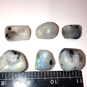 May include: Six smooth, white moonstone tumbled stones with black inclusions. The stones are arranged in two rows of three, with a ruler in the bottom of the image for size reference.