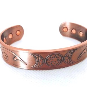 Copper Triple Moon Goddess, Magnetic Bracelet, Adjustable Cuff, Reiki Charged, Optional Leather Insert