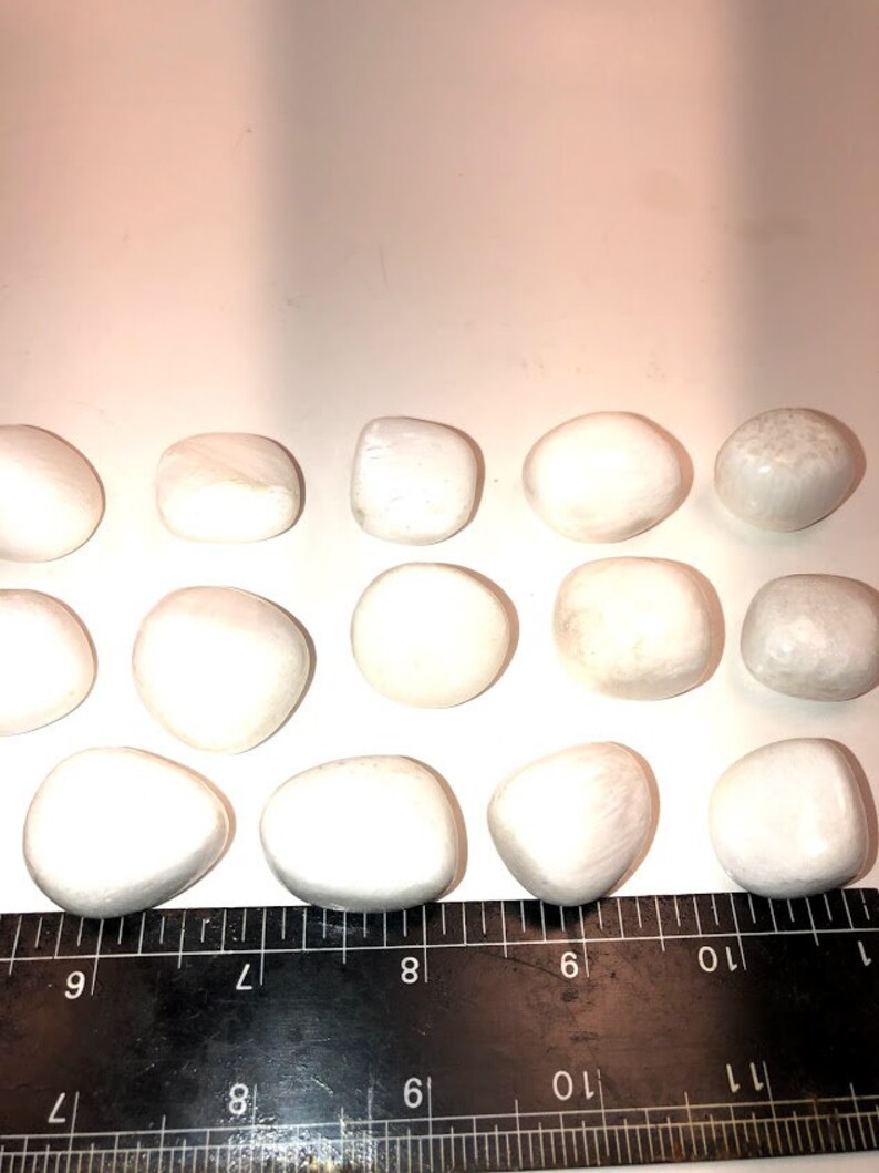 May include: A collection of 14 smooth, white, oval-shaped stones. The stones are arranged in rows on a white surface with a black ruler underneath.