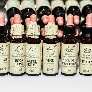 May include: Six small brown glass bottles with dropper tops and white labels. The labels have the text "Bach Original Flower Remedies" and the names of different flower remedies: Chicory, Rock Rose, Water Violet, Vine, Star of Bethlehem, and Impatiens. Each bottle contains 10 ml of liquid.