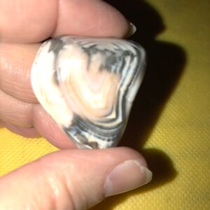 May include: A close-up of a white and black banded agate stone with a pink center. The stone is smooth and polished.
