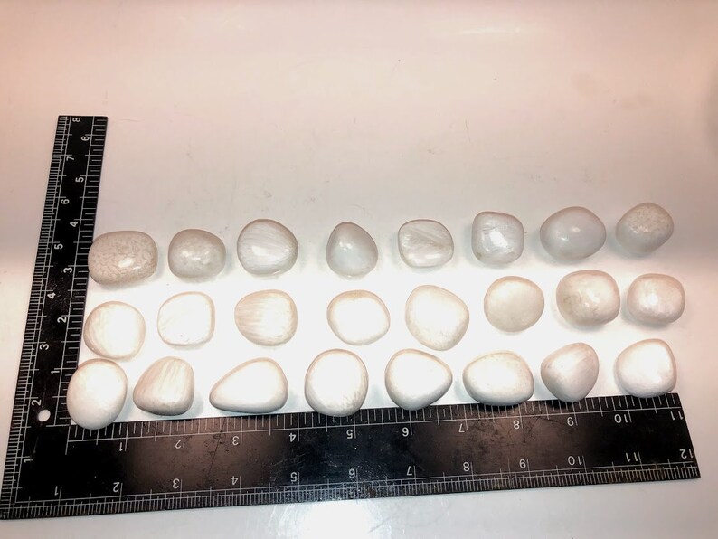 May include: Twenty-four white, smooth, oval-shaped stones arranged in rows on a black ruler. The ruler is marked in inches.