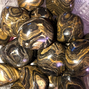 May include: A collection of tumbled black and gold striped stones. The stones are smooth and polished, with a variety of patterns and swirls.