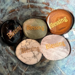 Blessing Word Stone, Etched Pocket Stone, Engraved, Aventurine, Tiger Eye, Snowflake Obsidian, Obsidian, Rose Quartz, Howlite, Red Jasper