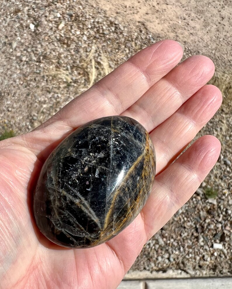 May include: A smooth, oval-shaped black gemstone with gold streaks and a high gloss finish.