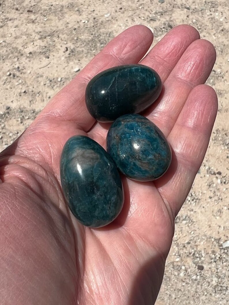 Puede incluir: Tres huevos de piedra preciosa verde y azul, pulidos y lisos, en una mano.