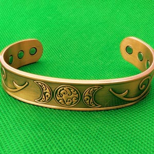 Copper Triple Moon Goddess, Magnetic Bracelet, Adjustable Cuff, Reiki Charged, Optional Vegan Leather Insert
