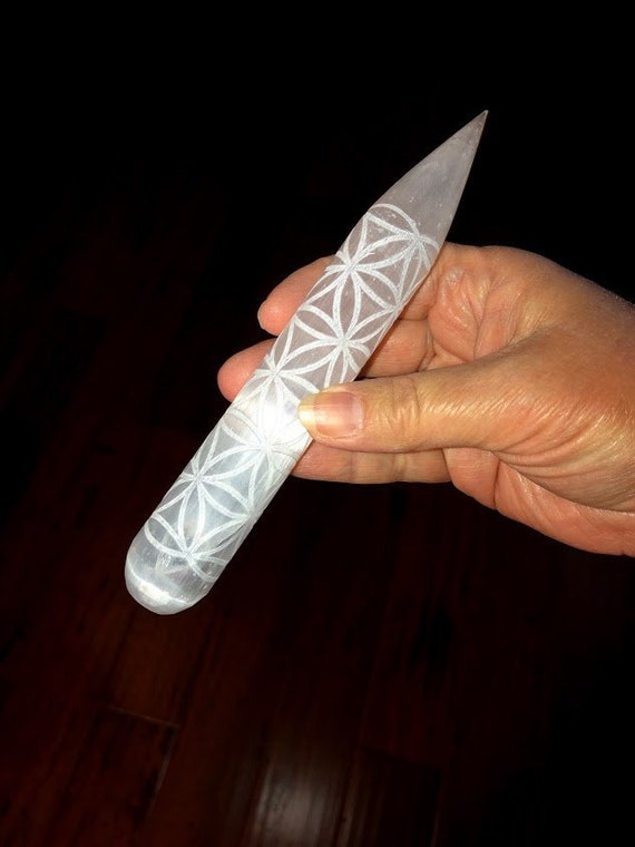 Satin Spar Selenite Wand, Flower of Life, 6 1/2", Reiki Charged, Energy Cleansing, Massage Wand, Meditation Tool, Crystal Healing